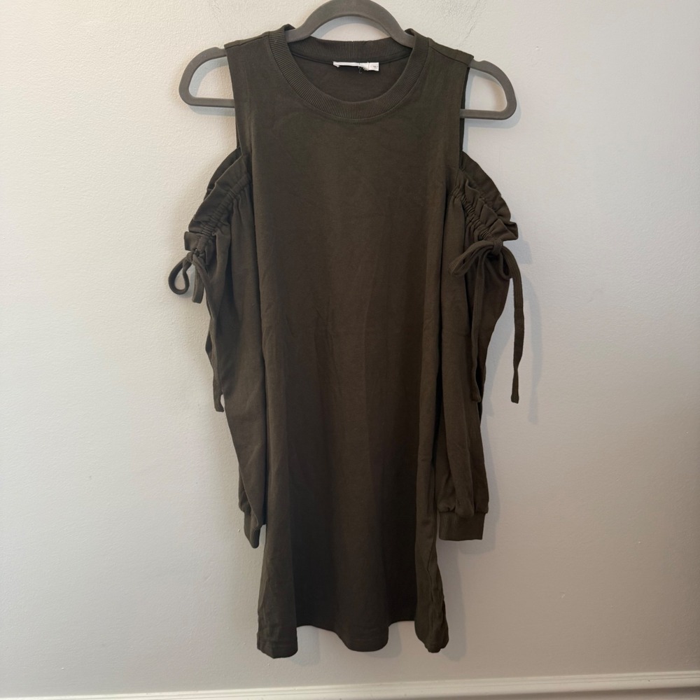 LUSH Olive Green Cold Shoulder Mini Dress Ruched‎ Tie Sleeve L642210-001 NEW